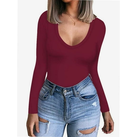 Womens V Neck Long Sleeve T Shirt Fitted Top for Women Low Cut Tight Shirts Going Out Casual Basic Fall Clothes