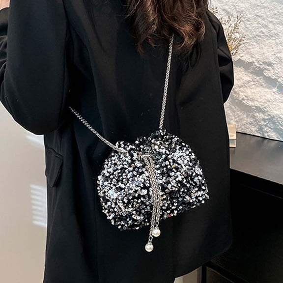 Bucket Bags for Women Shiny Sequin Bags with Mrtal Chain Strap & Drawstring Glitter Shoulder Bags for Women Party Evening Purse (Silver One Size)