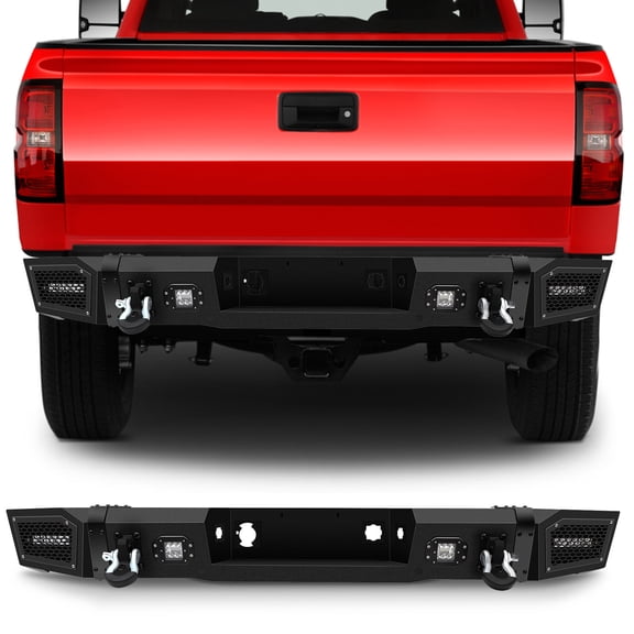 cciyu Upgraded Textured Black Rear Bumper Compatible for 2011-2014 for Chevy Silverado 2500 3500 HD Heavy Duty Steel Bumper with D-ring and LED Lights