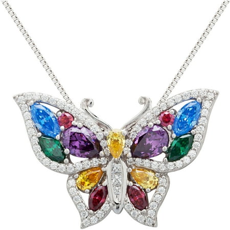 Multi-Colored CZ Sterling Silver Butterfly Pendant, 18