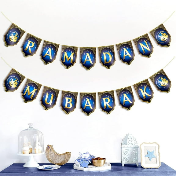 Cheerland Glitter Ramadan Mubabak Banner, Star Crescent Moon Lantern Flag, 12 Ft, 2 Pieces