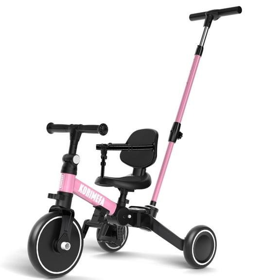 KORIMEFA 5-in-1 Toddler Bike with Push Handle for 1 Year to 4 Years Old Kids, Folding Toddler Tricycle Kids Trikes Tricycle, Gift & Toys for Boy Girl, Balance Training, Removable Pedals,Pink