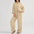 thumbnail image 6 of Women's 2 Piece Sets Casual Oversized Collar Button Down Shirts Wide Leg Pants Long Sleeve Loose Lounge Outfits with Pocket, Khaki, XXL, 6 of 7
