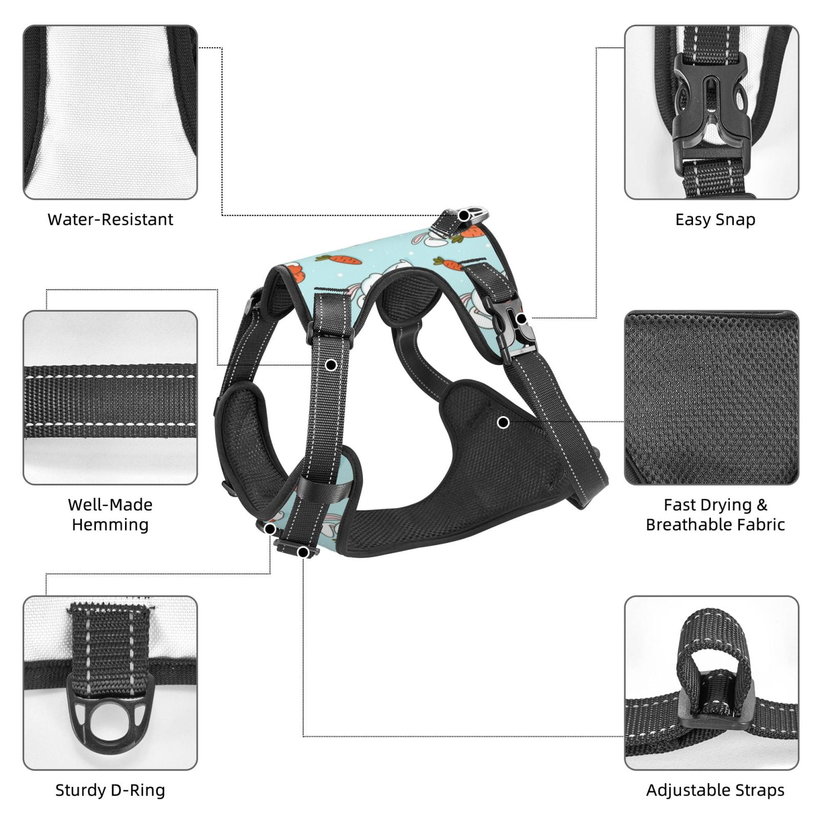 Vsdgher Rabbit Is Eating Carrots Pattern Dog Harness,No Pull Pet Harness with Soft Padded Handle,Adjustable Reflective Vest with 2 Buckles,4 Slide Buckles,S-XL