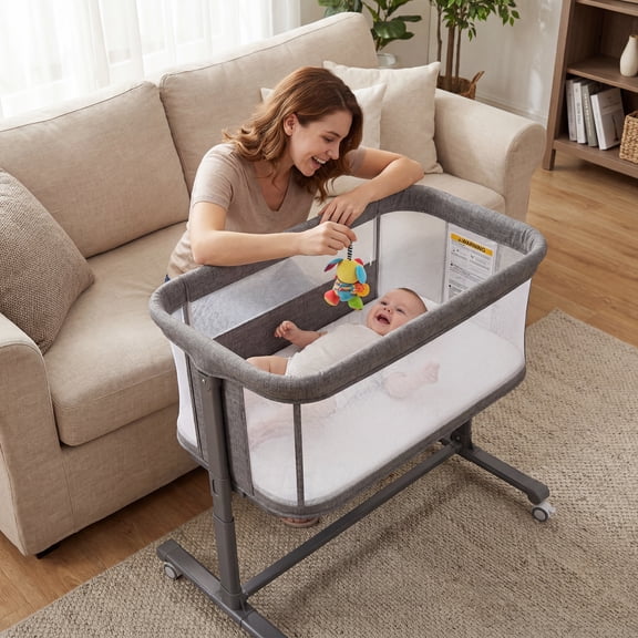 LINLUX Baby Bassinet, 6-Height Adjustable Newborn Bedside Bassinet with Wheels, All-Sided Mesh, Gray