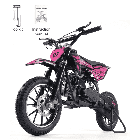 TOXOZERS 50CC Dirt Bike,Upgraded 2-Stroke Gas Powered Mini Bike for Kids 8 ,Max Speed 25Mph,Support Up to 180lbs,Pull Start，Pink