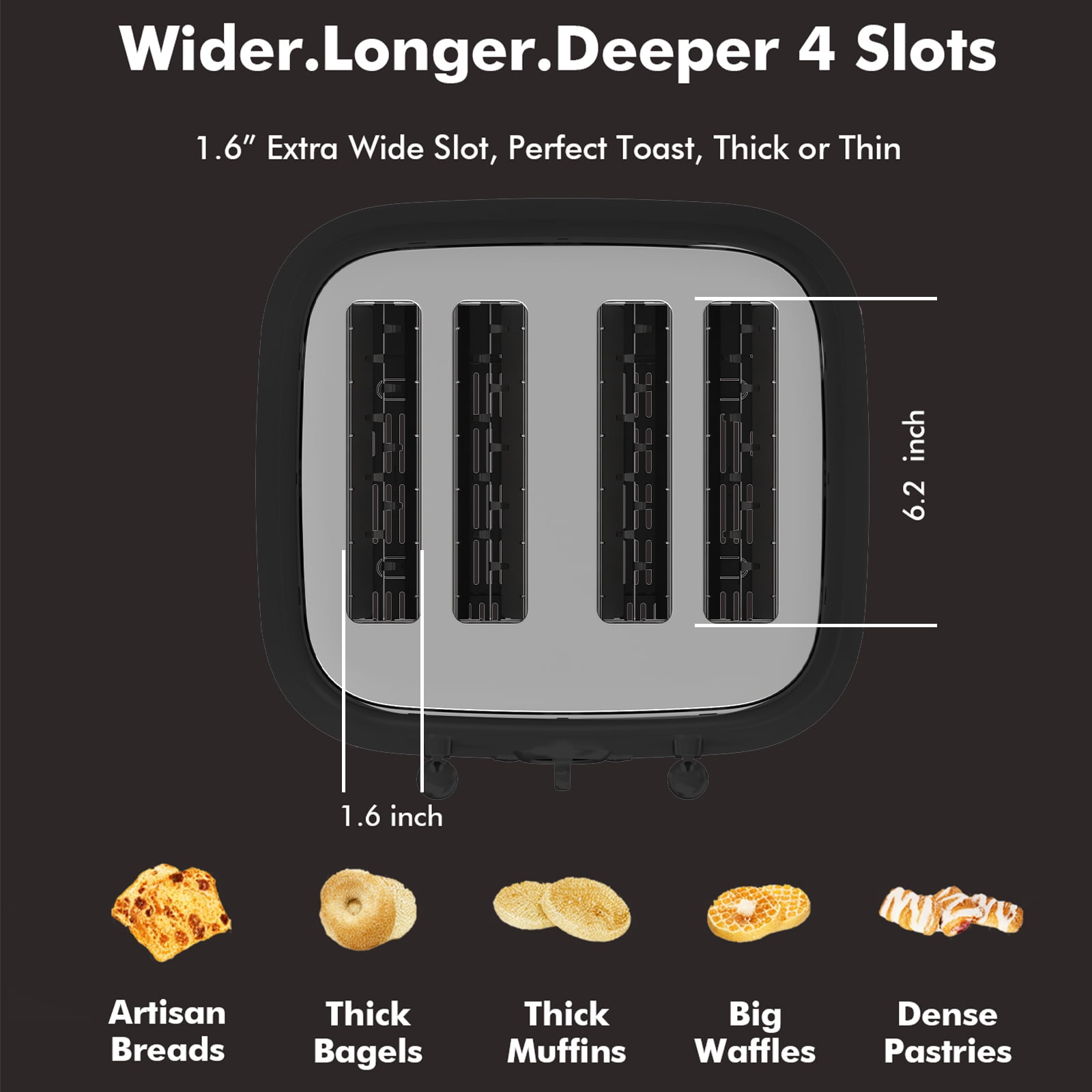 LONGDEEM 4 Slice Toaster - 6 Browning Levels, Wide Slots, High Lift Lever - Black