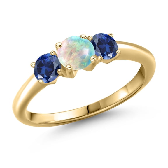 Gem Stone King 10K Yellow Gold Simulated White Opal and Blue Created Sapphire Engagement Ring for Women | 1.00 Cttw | Round Cabochon 5MM | Gemstone October Birthstone | Size 9
