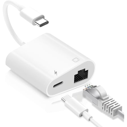USB C to Ethernet Adapter, 2-in-1 USB C to RJ45 Ethernet Adapter with 60W Type C PD Charging Port Supports 100Mbps, LAN Network Compatible with iPhone 17/16/15, MacBook, Android