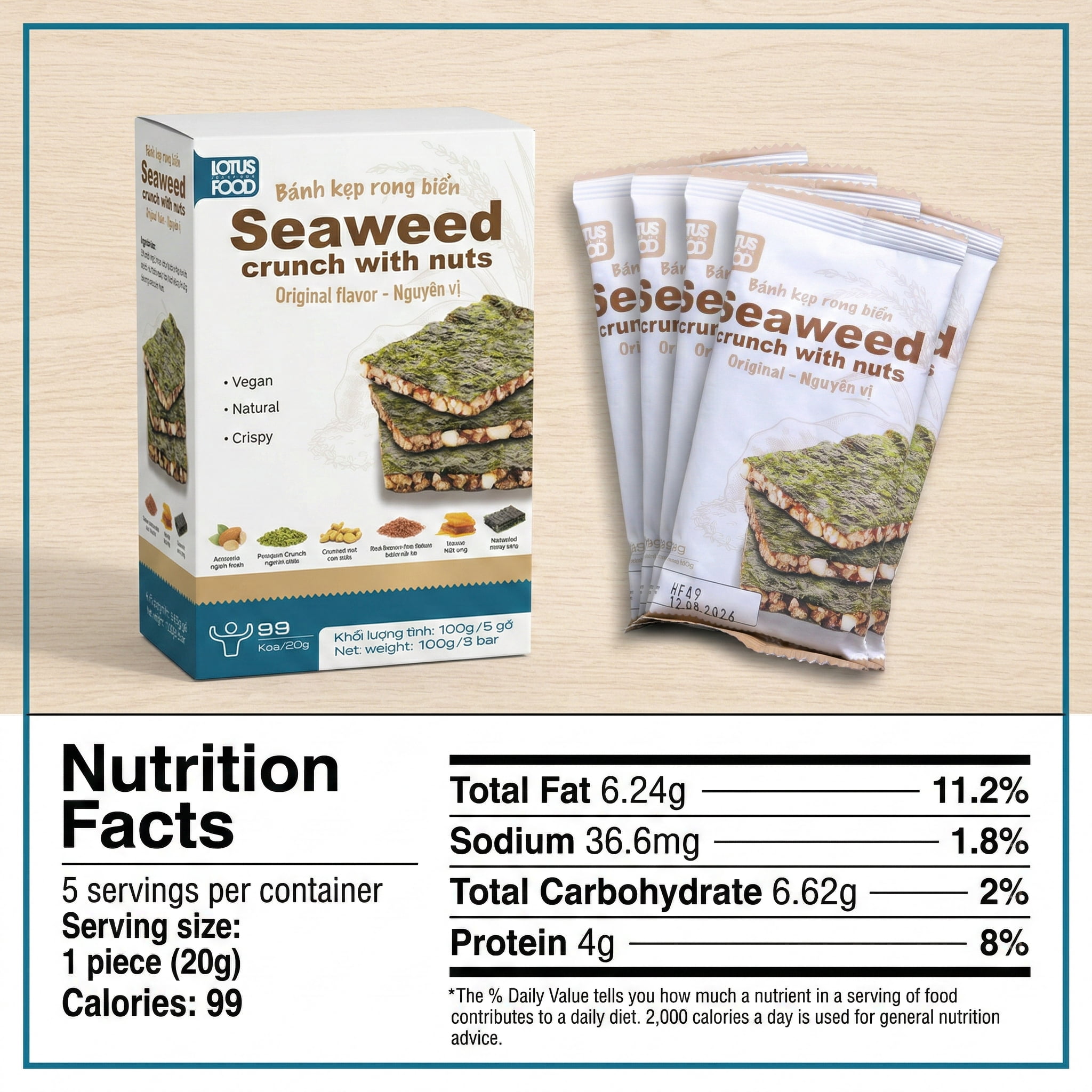 LOTUS HFC Seaweed Snack 5 Pack (100g Each) – Crispy Roasted Seaweed Crunch Chips – Variety Asian Flavors – Vegan Snack Bundle (Original)