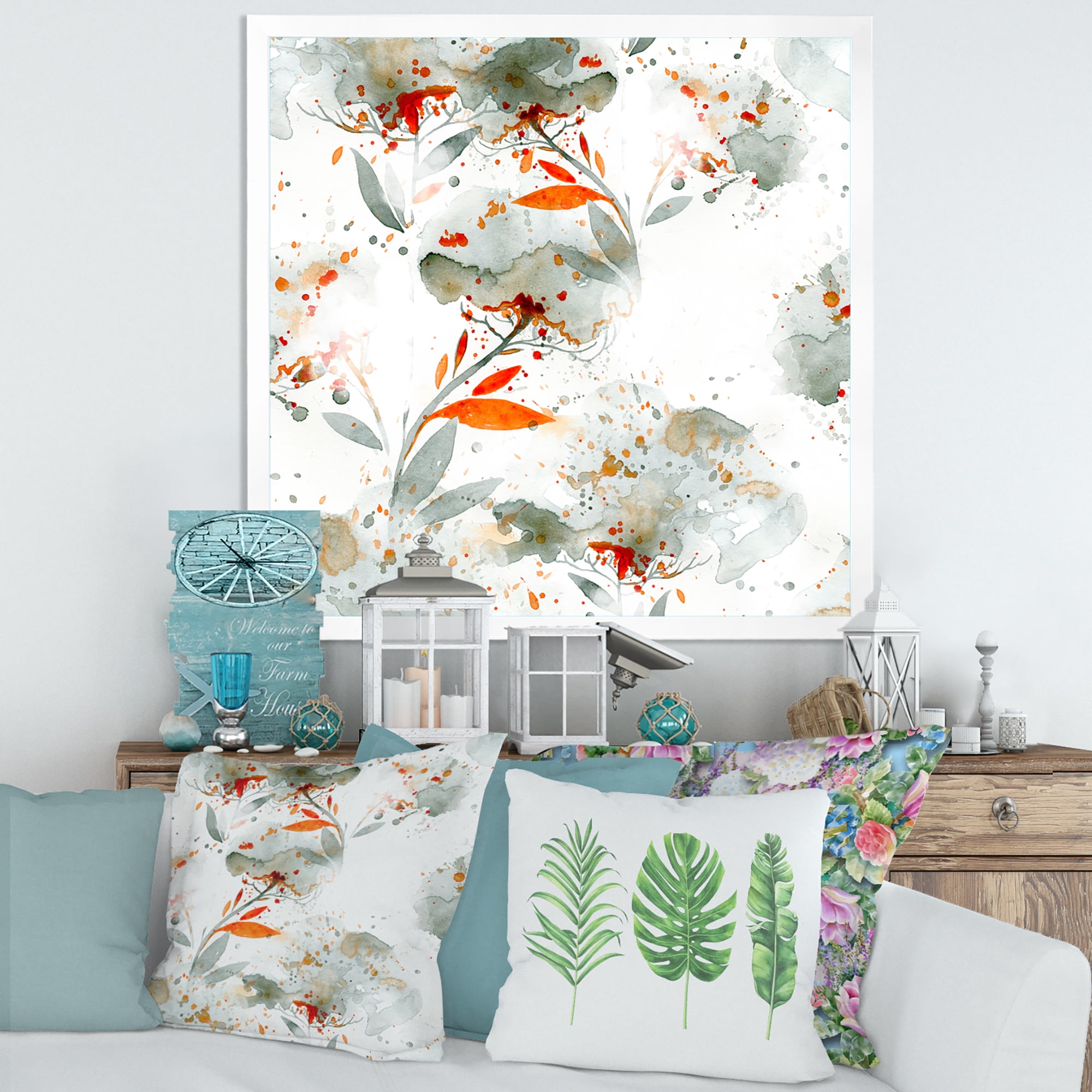 Designart 'Orange and Green Wildflowers I' Modern Framed Art Print