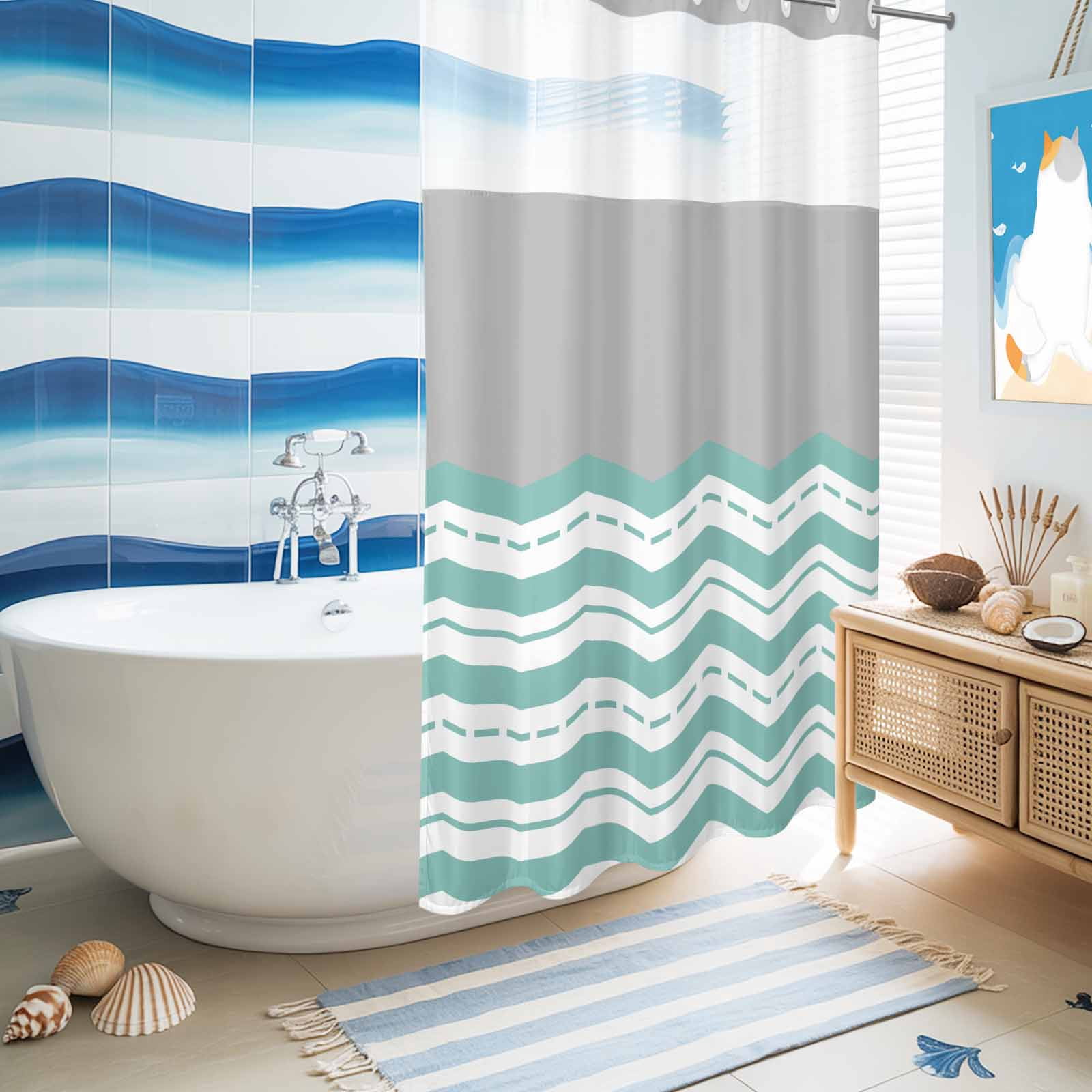 No Hook Shower Curtain Grey Turquoise Waves Shower Curtain for Bathroom Chevron Stripe Bath Curtains Waterproof Fabric with See Through Top Window for Spa Hotel 36x72 Inch