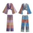 thumbnail image 2 of HH TRAF 2024 Moda Mujer Boho Estampado Manga Larga Cuello en V Pliegues Top Corto + Bolsillos Laterales Diseño Cordón Pantalones Largos Sueltos, 2 of 5