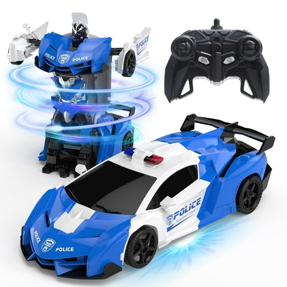 DEERC Transform Remote Control Car, 2.4GHz Robot RC Cars, 1:18 Scale Police Car Toy One-Button Deformation & 360° Rotating Drifting for Kids Boys Age 4-7 8-12