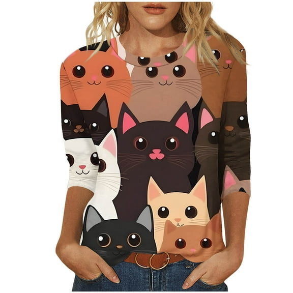 SnZhen Women's 3/4 Sleeve Tops Fashion Cat Print Round Neck T-Shirt 3/4 Sleeve Casual Tee Cute Graphic Blouse
