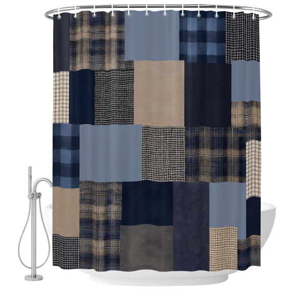 Navy Blue Gingham Shower Curtain Set - Small 36" x 72" Washable Bathtub Curtain with 12 Hooks, Abstract Plaid Solid Color Patchwork Waterproof Fabric Stall Shower Curtains for Bathroom/Bathtub Décor