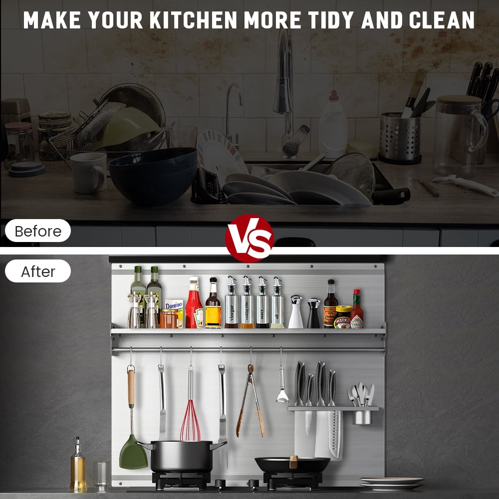 36"x30" Stainless Steel Backsplash for Stove & Range Hood - Range Backsplash with Shelf & Knife Rack, Kitchen Backsplash Wall Shield with Pre-Drilled Holes, Easy Install