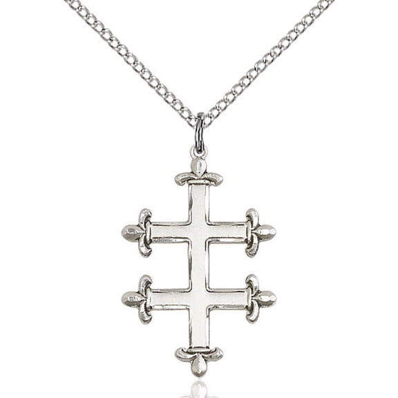 Sterling Silver Cross of Lorraine Pendant 1 X 5/8 inches with 18 inch Sterling Silver Curb Chain