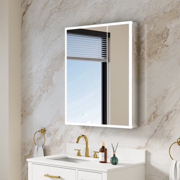 ANGELES HOME 30 in. x 36 in. Recessed/Surface Mount LED Medicine Cabinet with 3X Magnifier Mirror, Dual Doors, Anti-Fog and Built-In Outlets