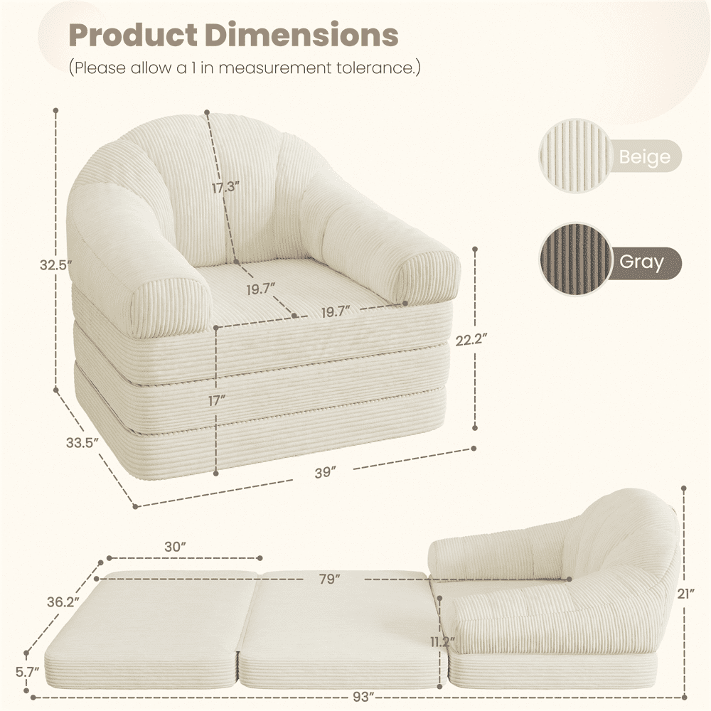 Renwick Convertible Sofa Bed 2-in-1 Folding Sleep Chair Bed Corduroy Couch with Armrests for Living Room and Bedroom, Beige