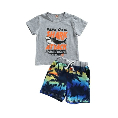 

Boys Summer Tracksuits Shark Print O-Neck Short Sleeves T-Shirt with Tied Elastic Waist Shorts