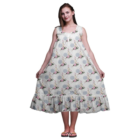 Bimba White2 Floral Mandala,Amber Flush & Lily Mid Calf Nightwear Ladies Cotton Printed Sleeveless Night Gown Maxi Dress Small