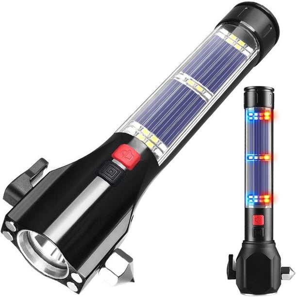 Linterna de Emergencia Multifuncional con Luz Fuerte para Exteriores + Martillo de Rescate Linterna LED Solar y USB con 10 Funciones, Paquete de energía para Camping/Vacaciones, Negro Sincero Electrónica