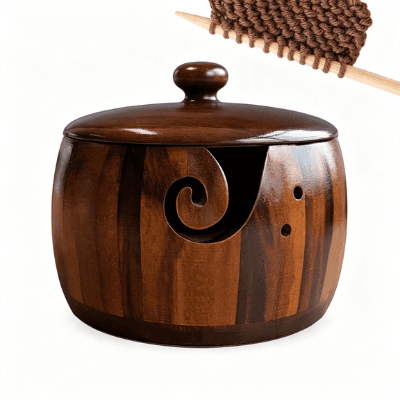 MISSMILE Wood Yarn Bowl with Lid,Crochet Bowls for Yarn,Knitting Yarn Bowl with Holes Storage,Yarn Holder Bowl for Crocheting and Knitting 7X4In,Knitting Bowl for Handmade Crocheting Accessories