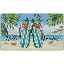Hello Summer Flip Flops Decorative Front Door Mat, Beach Coastal Tropical Doormat Indoor Outdoor Non-Slip Floor Entryway Rug, Hawaii Palm Leaves Nautical Home Kitchen Decoration 17x30 Inch