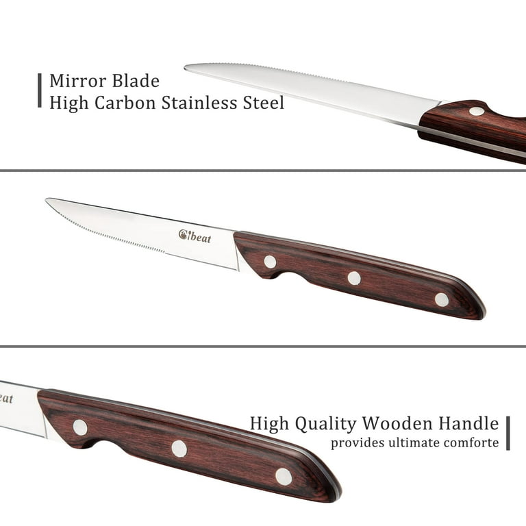 FOUR KNIVES) STEAK KNIFE WOOD HANDLE S/S SERRATED EDGE POINTED TIP/ RESTAURANT