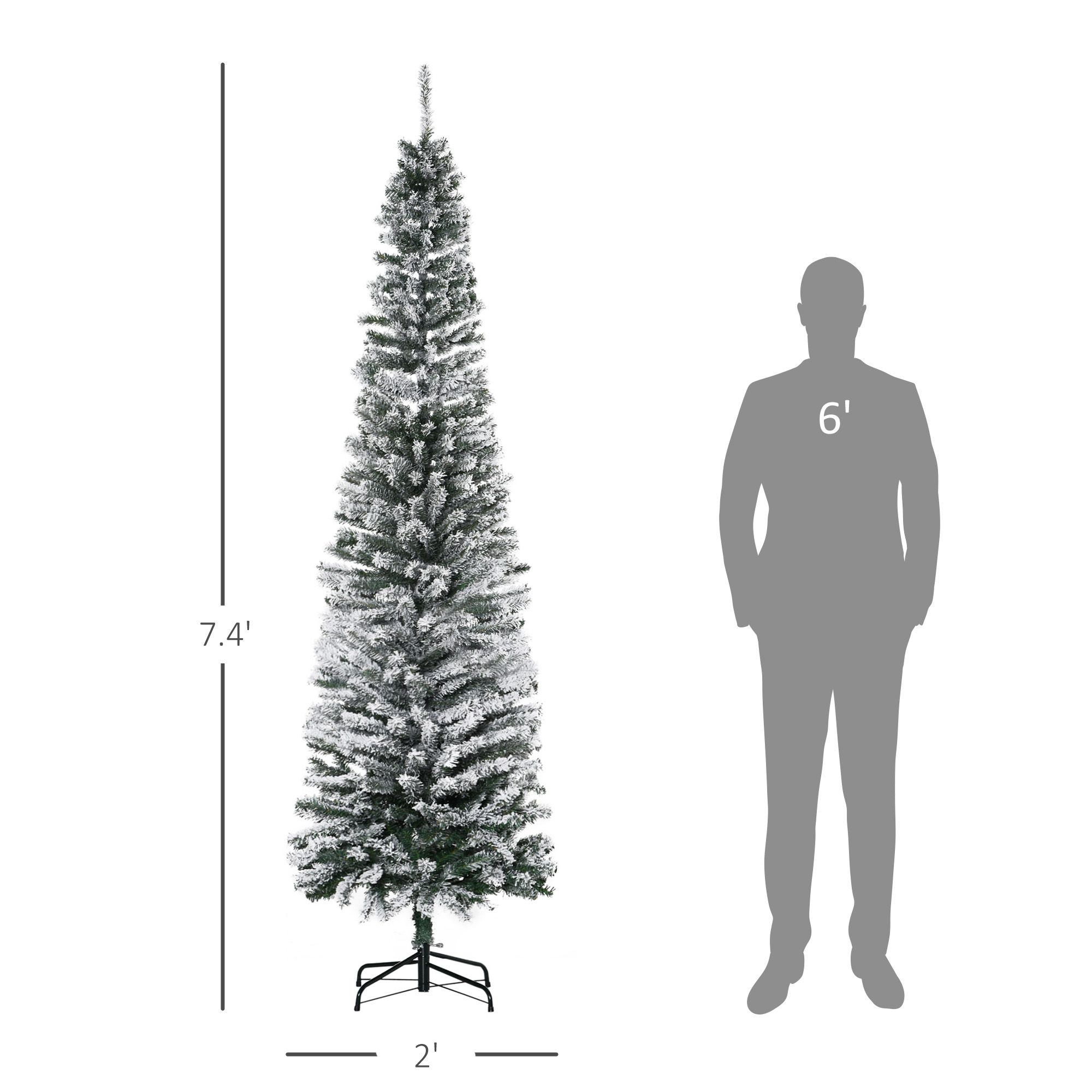 7.5 ft Snow-Flocked Slim Artificial Christmas Tree with 738 Tips, Pencil Shape, Metal Base, Indoor Holiday Decor