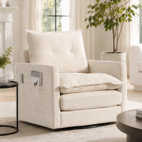 360°Swivel Accent Chair, Upholstered 28''W Oversized Armchair, PAPROOS Barrel Chair Reading Armchair with Side Pockets & Cushion, Modern Accent Chair with Metal Base for Living Room Bedroom,Beige