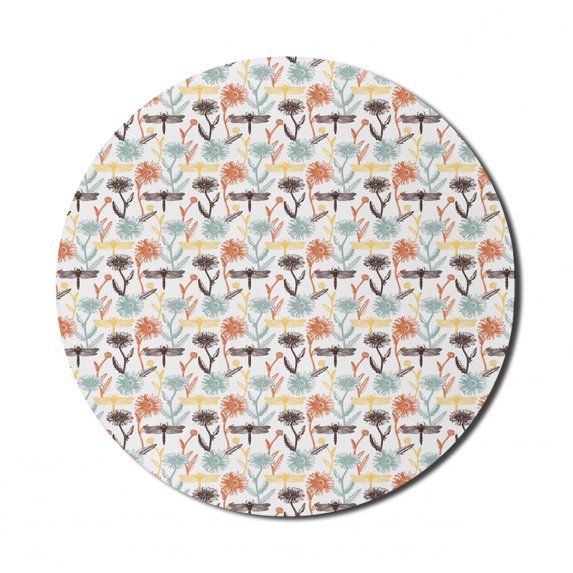 Dragonfly Mouse Pad for Computers, Nostalgic Style Repetition of Hand Drawn Floral Elements Sketch Art, Round Non-Slip Thick Rubber Modern Mousepad, 8" Round, White and Multicolor, by Ambesonne