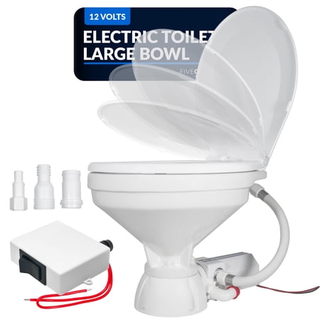 TMC Electric Marine Toilet RV Toilet with Threaded-On Hose Connection Boat Toilet Large Design Bowl Heavy-Duty Macerator Pump Smart Flush Control Quiet Soft-Close Lid 12V DC - FO4706