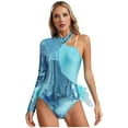 thumbnail image 2 of Rswnyirn Women Asymmetrical Latin Dance Leotard Sequins Long Sleeve Gymnastics Bodysuit Unitard Jazz Dance Tops Blue S, 2 of 6