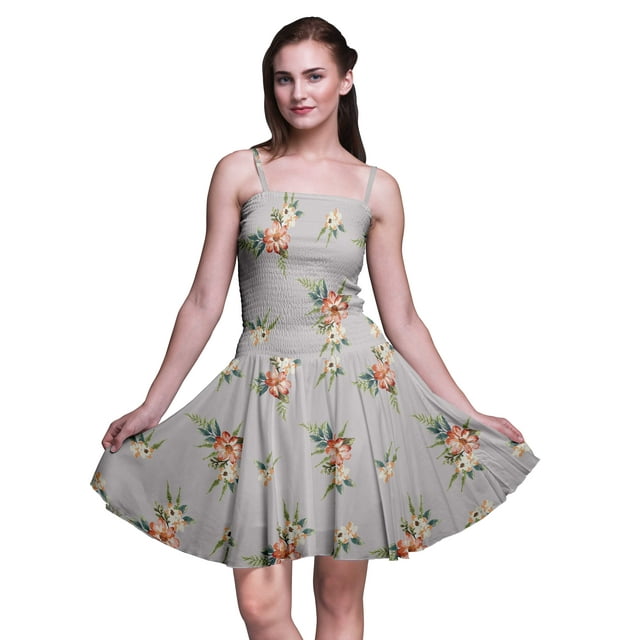 Bimba Robe Soleil Mini pour Femmes à Bretelles Spaghetti, Haut à Taille Smockée Imprimé Floral - Moyen