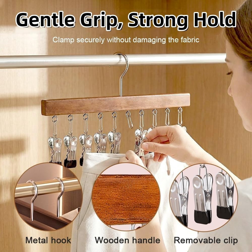 2026 New Pure Wood Rotating Closet Organizer with 12 Clips - Vertical Space Saver & Wrinkle-Free Storage Solution, Multi-Layer Solid Wood Rotating Hanger, for Jeans Leggings Skirts Hats (5, Nature)