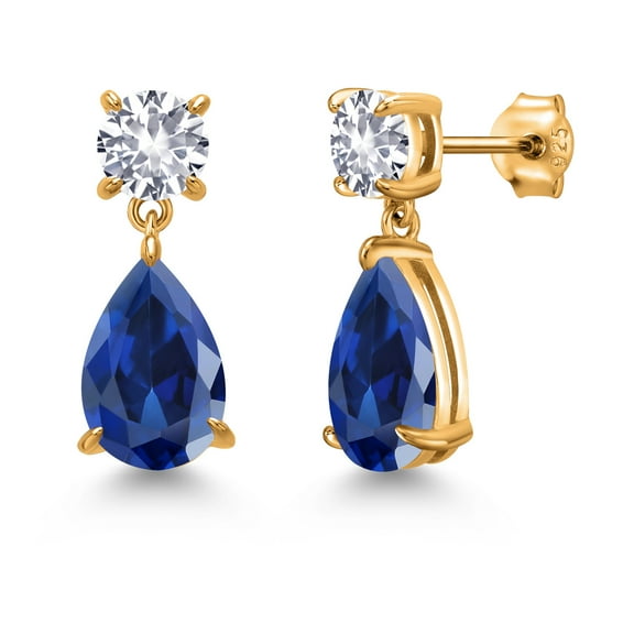 Gem Stone King 18K Yellow Gold Plated Silver Blue Created Sapphire and White Created Sapphire Earrings for Women | 9.14 Cttw | Gemstone September Birthstone | Pear Shape 12X8MM