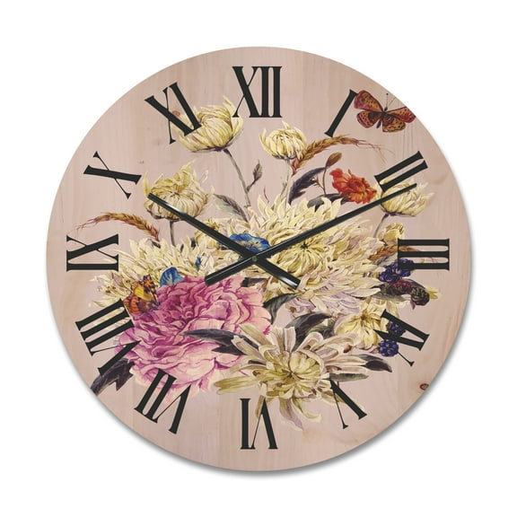 Designart 'Ancient Chrysanthemums With Bouquet I' Traditional Wood Wall Clock