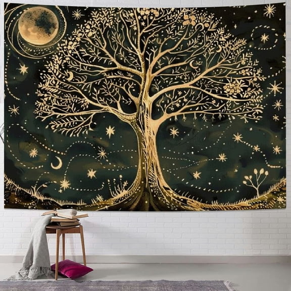 PRATYUS Tree of Life Tapestry Wall Hanging Sun Moon Stars Tapestries Aesthetic Galaxy Wall Tapestry Nature Home Decoration for Living Room Bedroom(Black and Gold) Painting