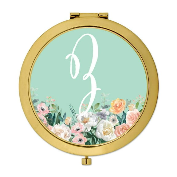 Koyal Wholesale Gold Compact Mirror Bridesmaid's Wedding Gift, Peach Flower Florals on Mint Green, Monogram Letter Z