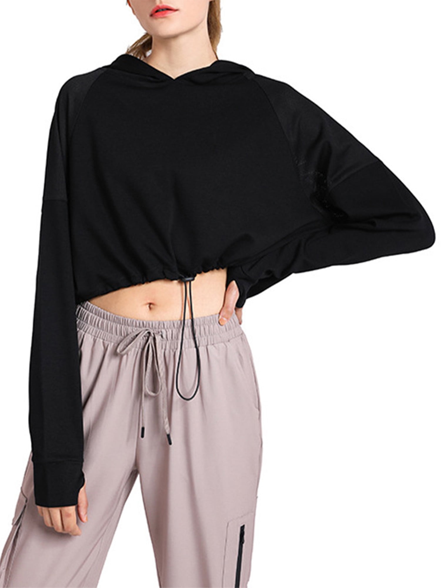 Womens Mesh Spliced Hoodies Crop Tops Drawstring Long Sleeve Ultra Short Blouse
