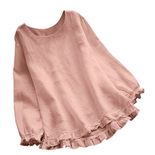 Fall Cotton Linen Tops for Women Long Sleeve Round Neck Solid Color Casual Loose Blouses Ruffle Button Down Shirts