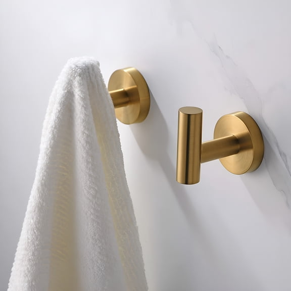 LAMIRO Bathroom Towel Hook,Shower Hook Wall Mounted Stainless Steel,Modern Hand Towel Hook Brushed Gold,Robe Coat Clothes Hook Round for Kitchen Garage Hotel,2 Pack.