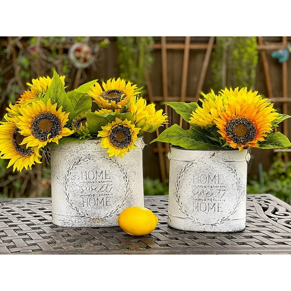 STC World S/2 Metal Rustic White Buckets / Home Sweet Home / Decorative Containers Distressed Indoor Outdoor 8" & 7" H