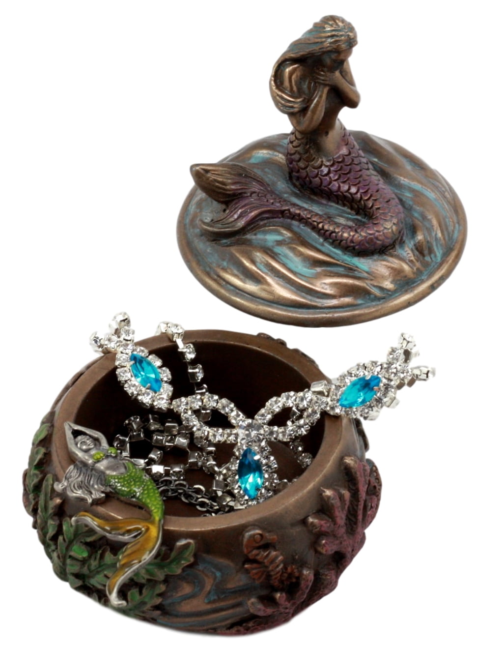 Ebros Beautiful Mermaid Tefiti Praying Round Jewelry Box Figurine 3.25"H Small Nautical Starfish Coral Decorative Trinket Keepsake