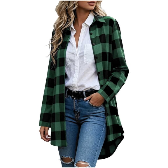 Horkkom Cotton Button Down Shirts for Women Flannel Tunic Lapel Plaid Print Shirts Fashion Casual Fall Winter Jackets S