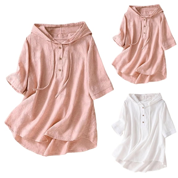Jsaierl 3/4 Sleeve Cotton Linen Tops for Women Plus Size Round Neck Shirts Dressy Graphic Petite Blouses Soft Vacation Tunic Top M-2XL