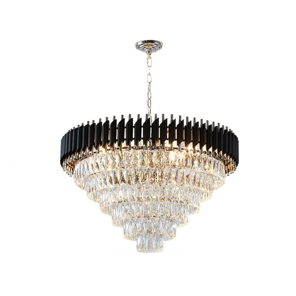 Design Living 16-Light D32'' Round Black and Chrome Frame Chandelier with Clear Hanging Crystals