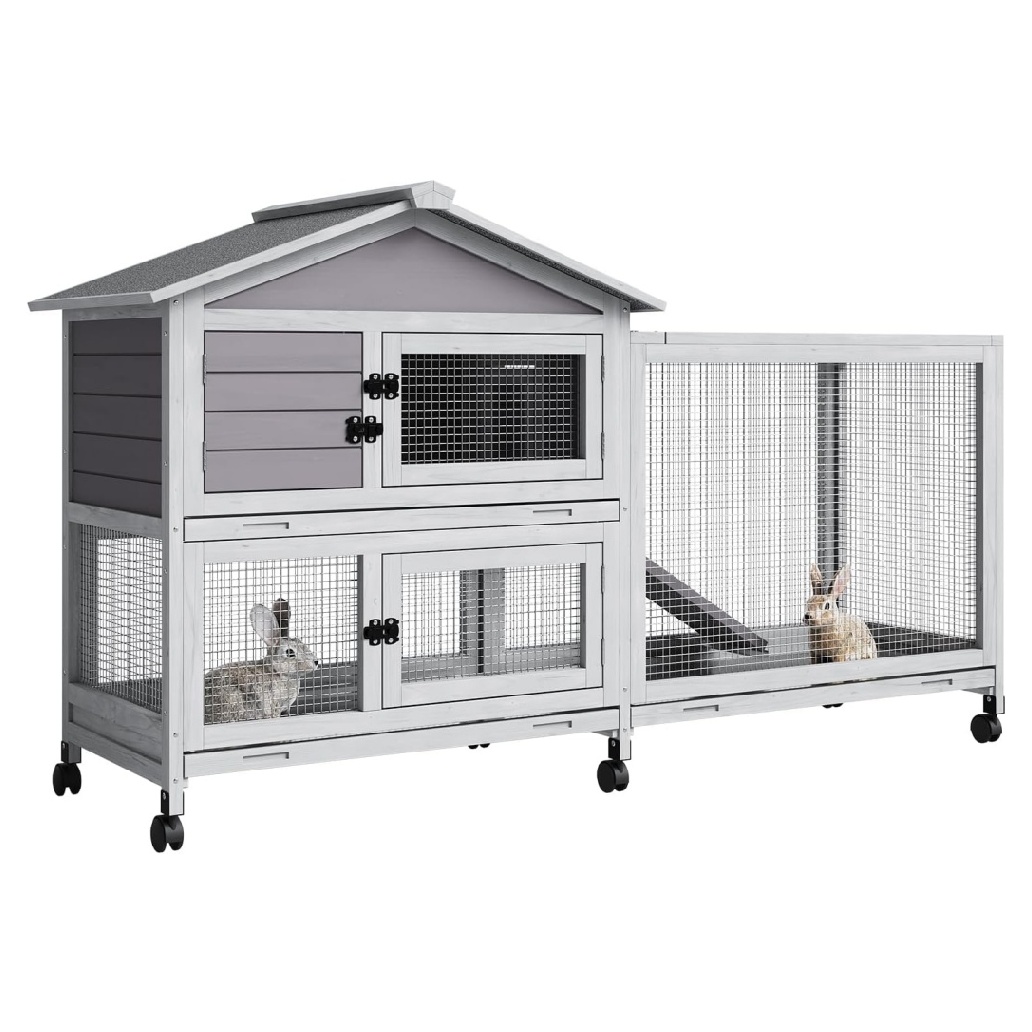 Rabbit Hutch with Weatherproof Roof, Bunny Hutch with 6 Lockable Caster Wheels & Pull-Out Tray, Rabbit Cage for Indoor Outdoor Use